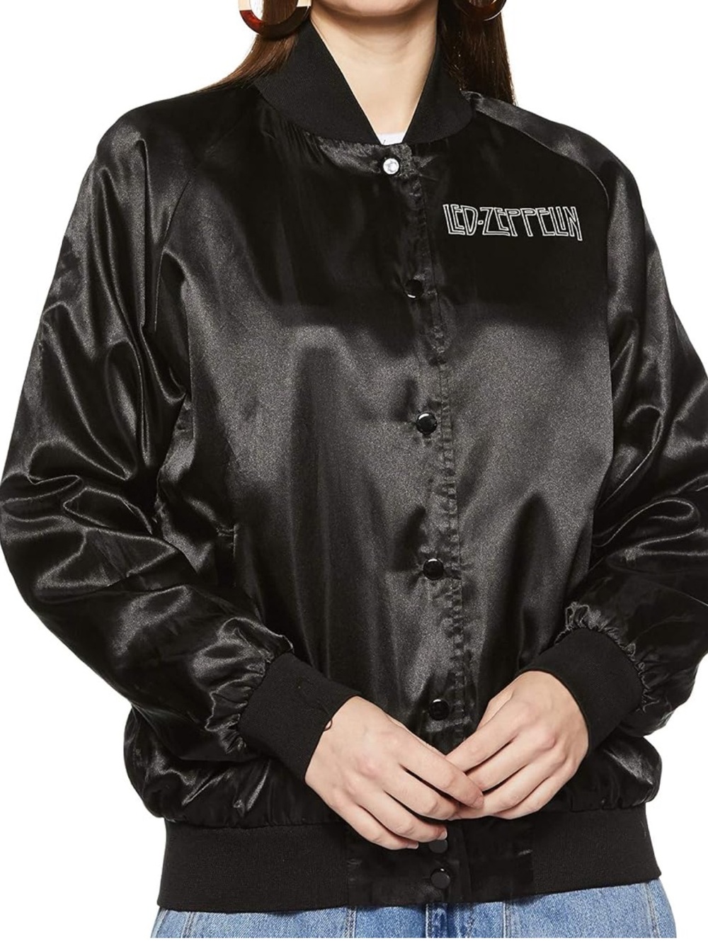 Led Zeppelin Black Satin Bomber Jacket Snap Front Band Jacket Women’s Size S